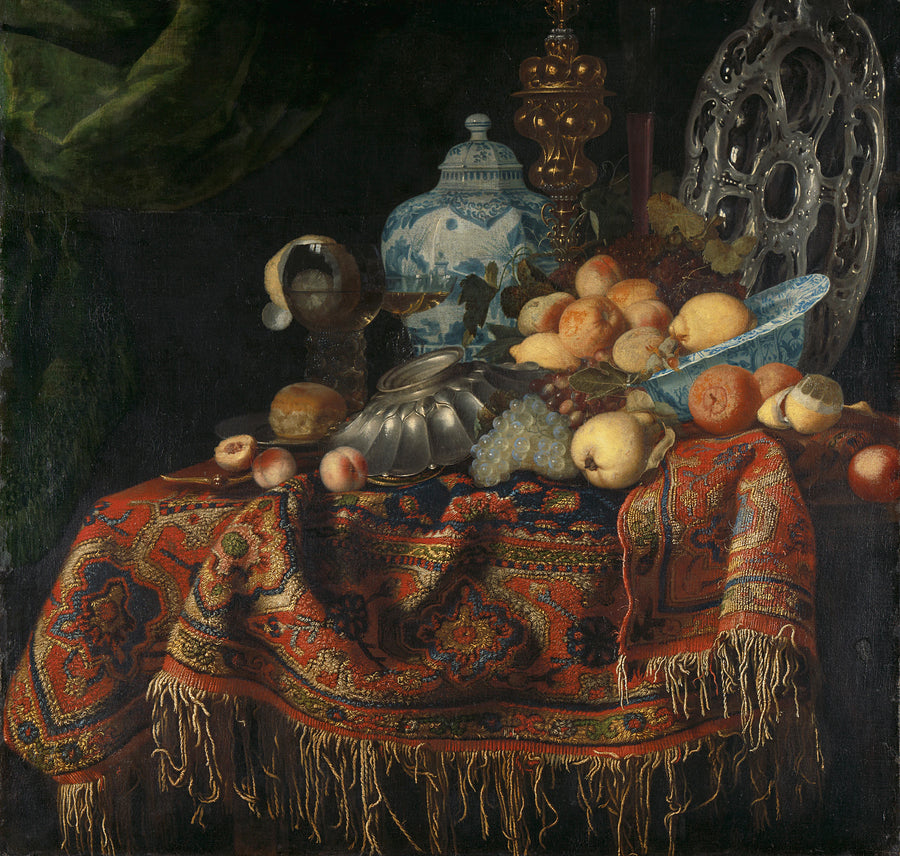 Nature morte aux fruits et plats sur un tapis de Smyrne - Simon Luttichuys