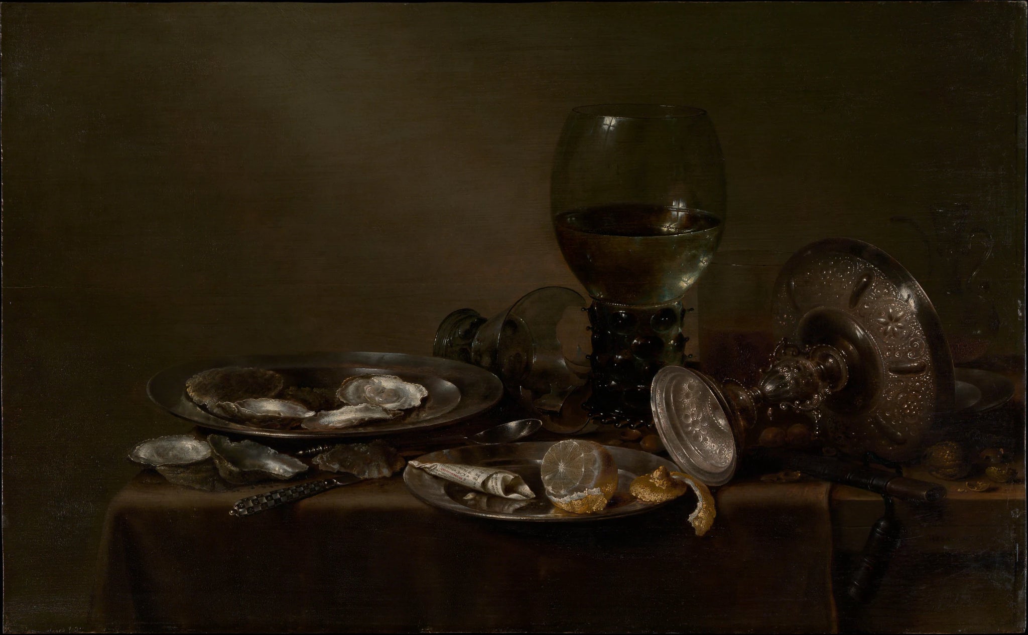 Nature morte aux huîtres, une tazza en argent et de la verrerie - Willem Claesz Heda