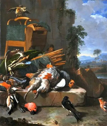 Martwa natura z ptakami (Sprzęt myśliwski). - Melchior de Hondecoeter