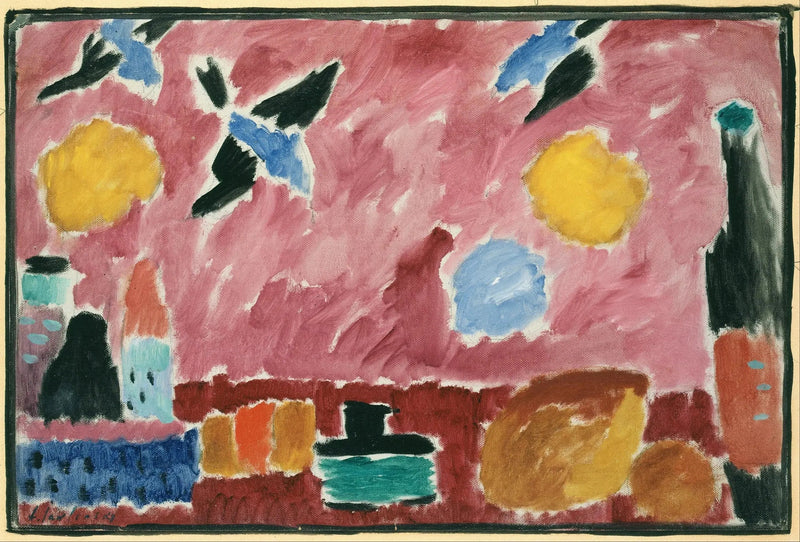 Martwa natura z butelką, chlebem i czerwonym tapetą z jaskółkami - Aleksiej von Jawlensky