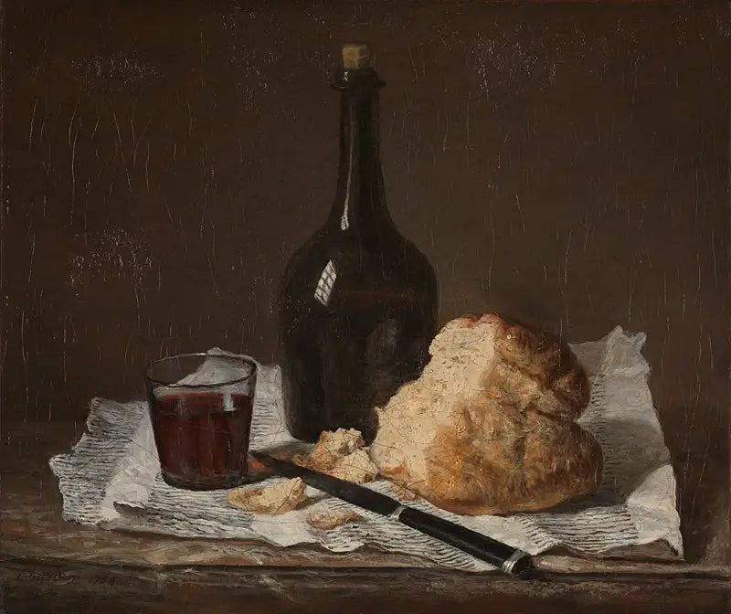 Martwa natura z butelką, szklanką i chlebem - Jean Simeón Chardin