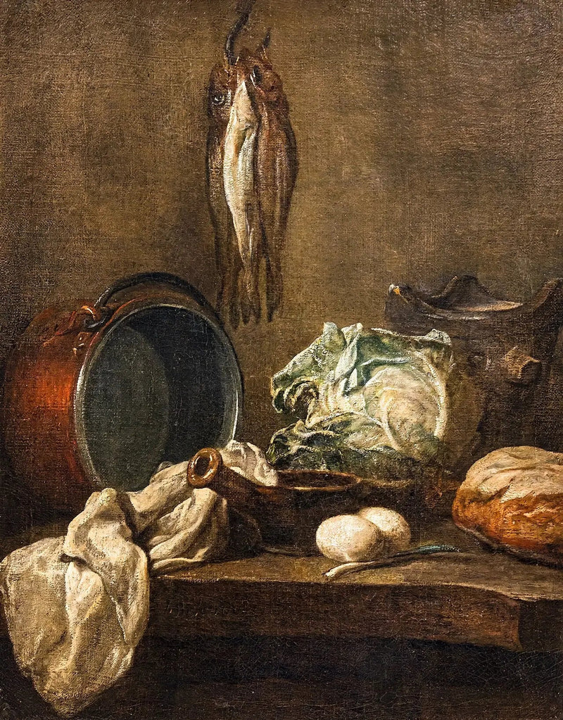 Martwa natura z garnkiem, rondlem, piecem, ściereczką, kapustą, dwoma jajkami, por, chlebem i trzema śledziami - Jean Simeón Chardin