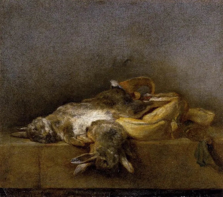 Martwa natura z dwoma królikami, torbą myśliwską i proszkiem do fajek - Jean Simeón Chardin