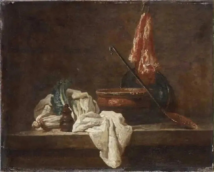 Martwa natura z dwoma łodygami selera, puszką przypraw, ściereczką, terriną, talerzem, cedzidłem i kawałkiem mięsa - Jean Simeón Chardin