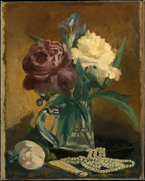 Martwa natura z kwiatami, wachlarzem i perłami - Édouard Manet