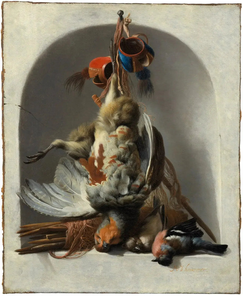 Martwa natura z ptakami i sprzętem myśliwskim w niszy - Melchior de Hondecoeter