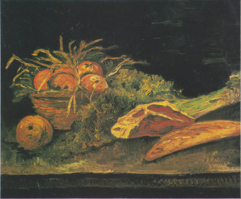 Martwa natura z koszem jabłek, mięsem i bułeczkami - Vincent van Gogh