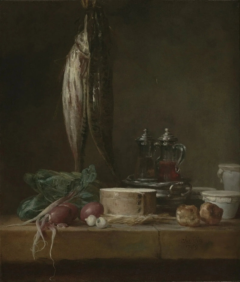 Martwa natura z rybami, warzywami, gougères, garnkami i buretkami na stole - Jean Simeón Chardin