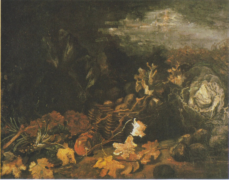Martwa natura z koszem ziemniaków, otoczona jesiennymi liśćmi i warzywami - Vincent van Gogh
