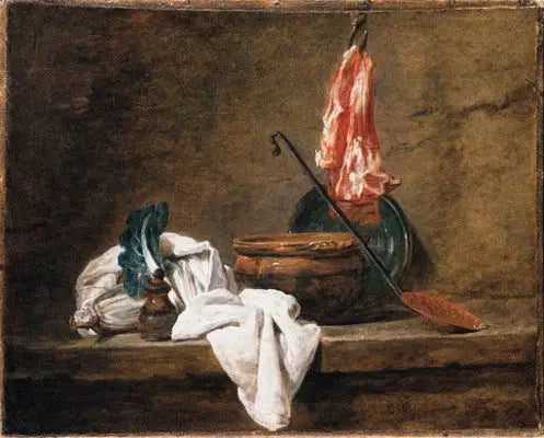 Martwa natura z ściereczką, garnkiem, talerzem, cedzakiem i mięsem na haku - Jean Simeón Chardin