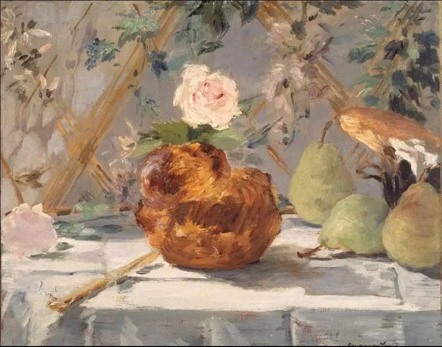 Martwa natura, brioszka, kwiaty, gruszki - Édouard Manet