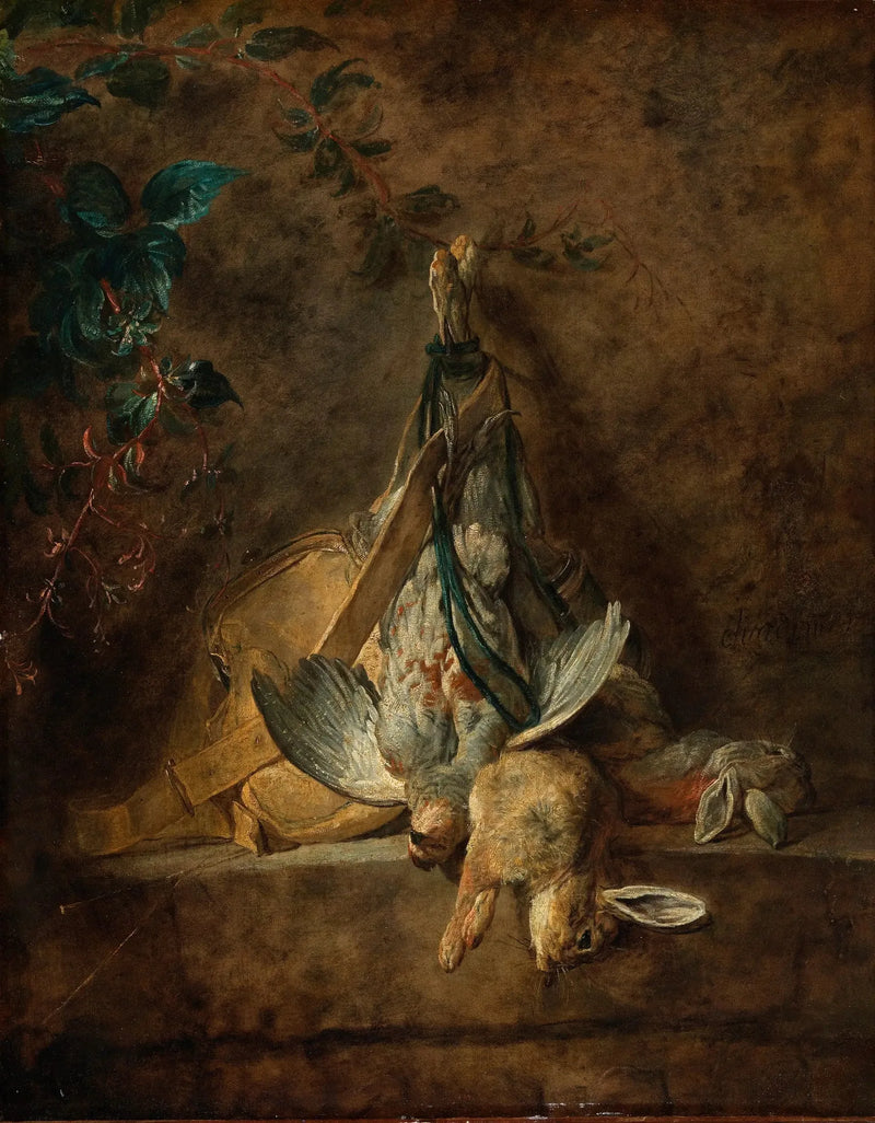 Martwa natura: dwa króliki, szara przepiórka, torba myśliwska i proszek do pudru - Jean Simeón Chardin