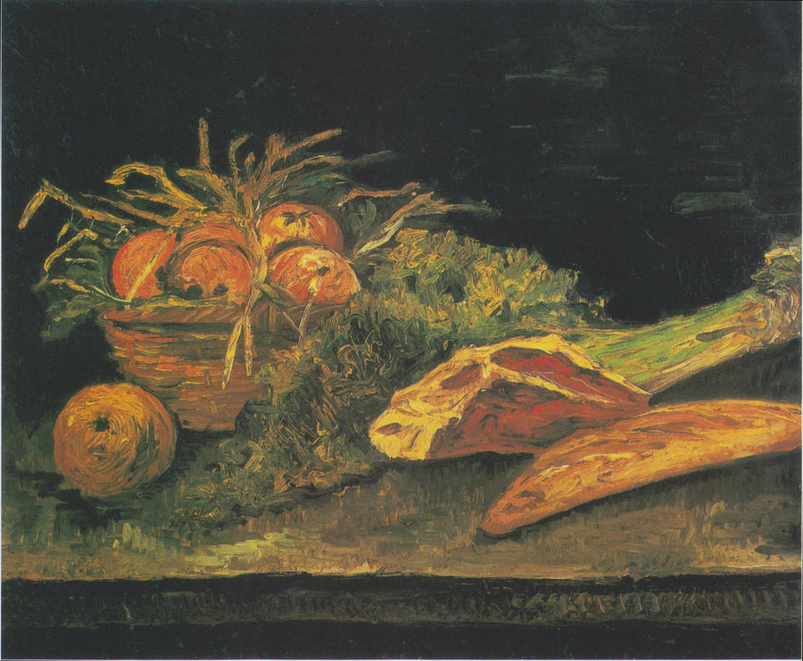 Martwa natura z koszem jabłek, mięsem i bułeczkami - Vincent van Gogh