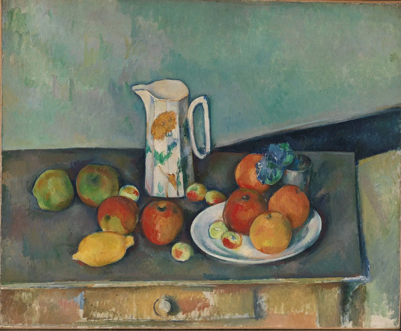 Martwa natura, dzbanek mleka i owoce na stole - Paul Cézanne