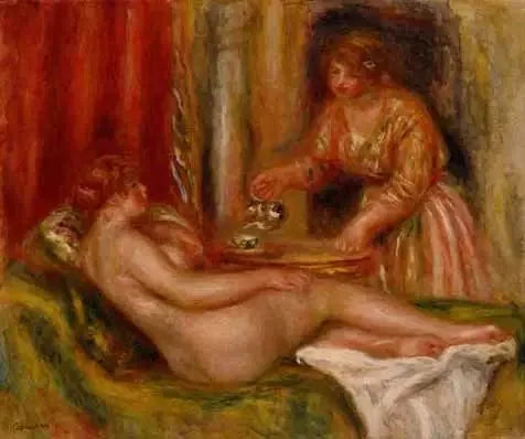 Wydłużony nu i sługa podający herbatę - Pierre-Auguste Renoir