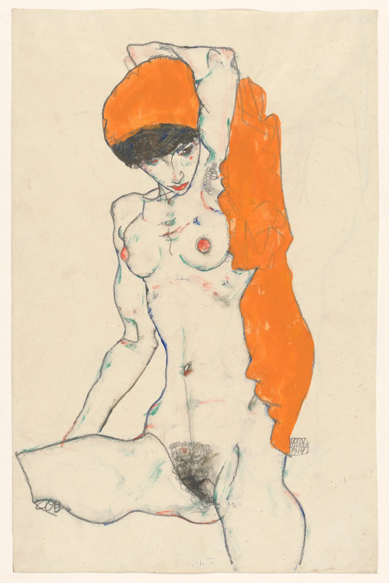 Naga stojąca z pomarańczowym drapowaniem - Egon Schiele