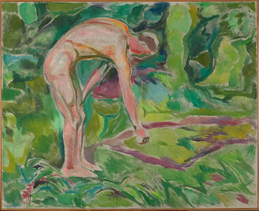 Męski akt pochyla się do przodu w lesie - Edvard Munch