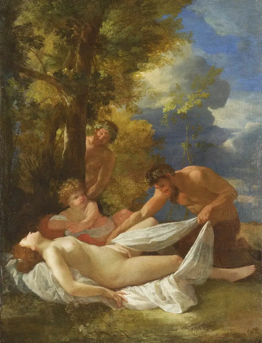Uśpiona nimfa zaskoczona przez satyry - Nicolas Poussin
