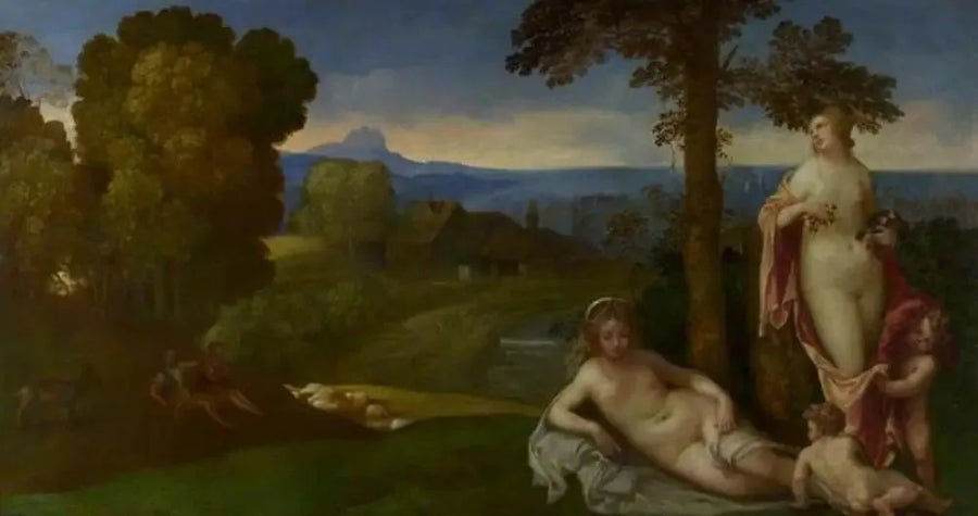 Nymfy i dzieci na krajobrazie z pasterzami - Giorgione