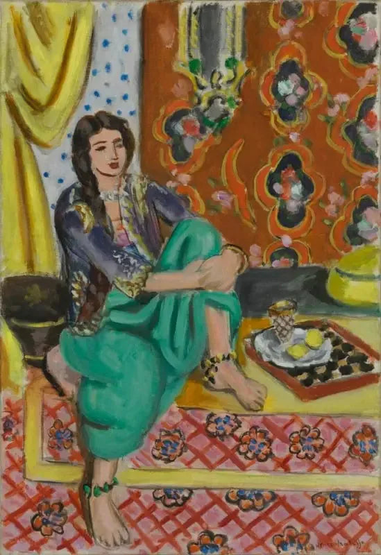 Odaliska siedząca, z lewym kolanem zgiętym, tło ornamentalne i szachownica - Henri Matisse