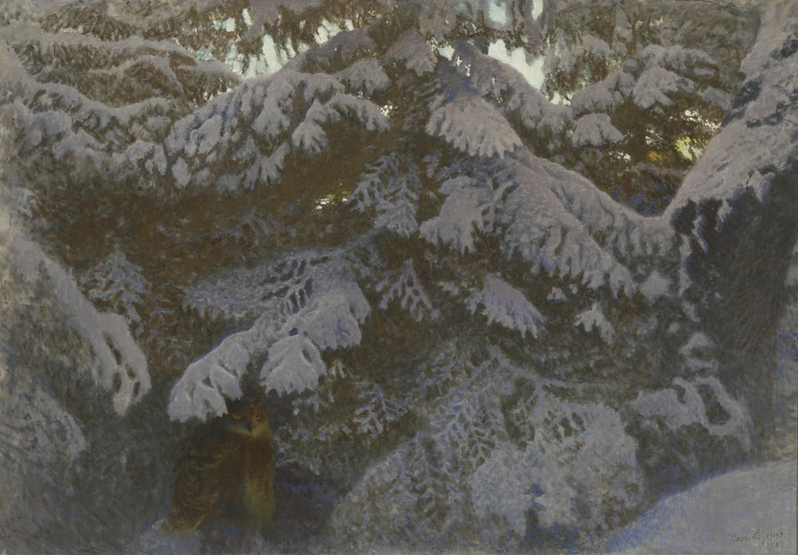 Oehoe onder besneeuwde sparren - Bruno Liljefors