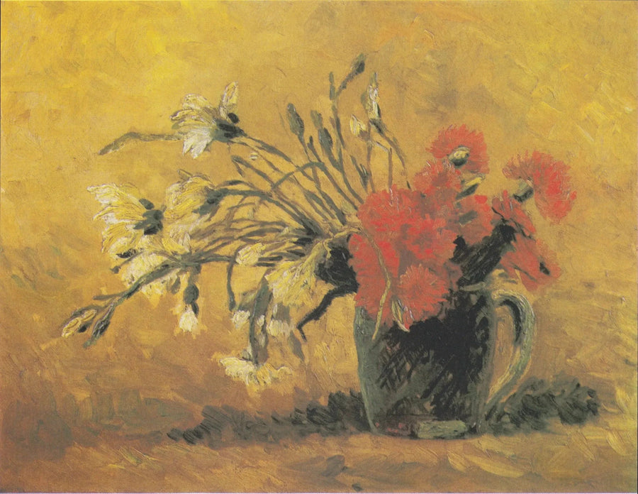 Wazon z czerwonym i białym goździkiem na żółtym tle - Vincent van Gogh