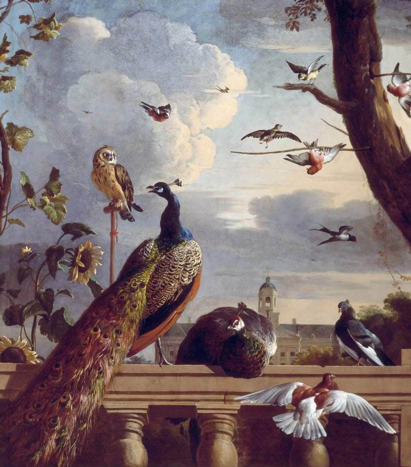 Ptaki wokół balustrady, z ratuszem w Amsterdamie w tle, 1670 - Melchior de Hondecoeter