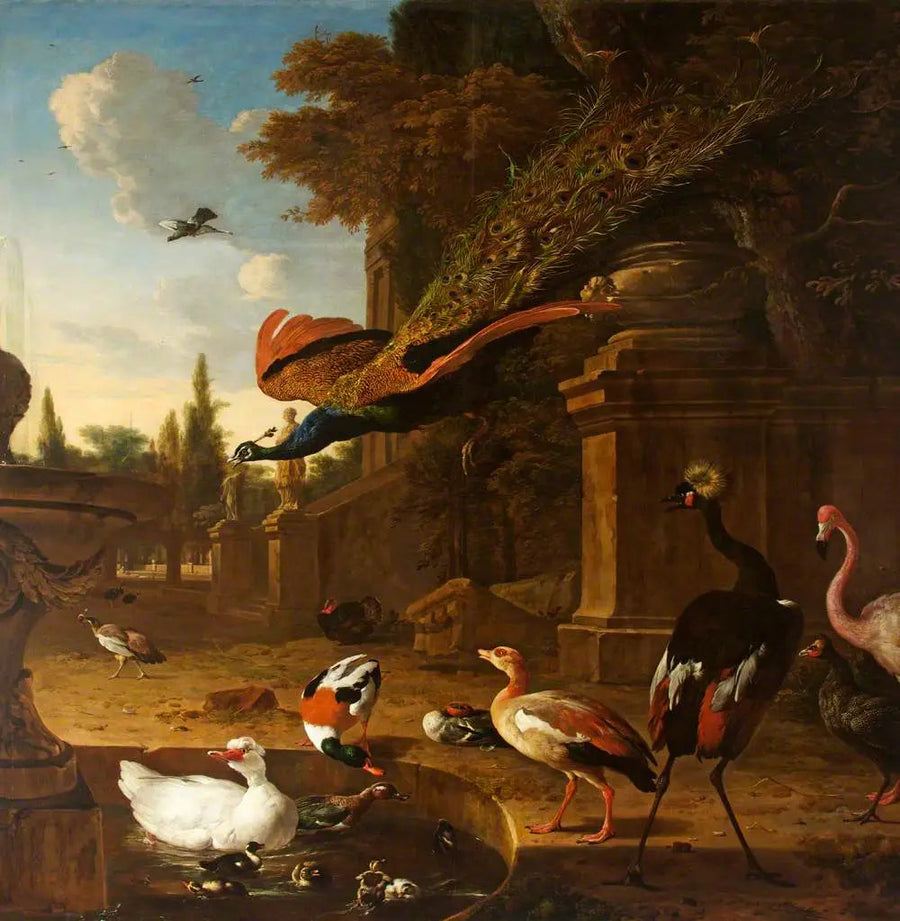 Ptaki ozdobne w i wokół stawu w parku, z pawiem w locie - Melchior de Hondecoeter
