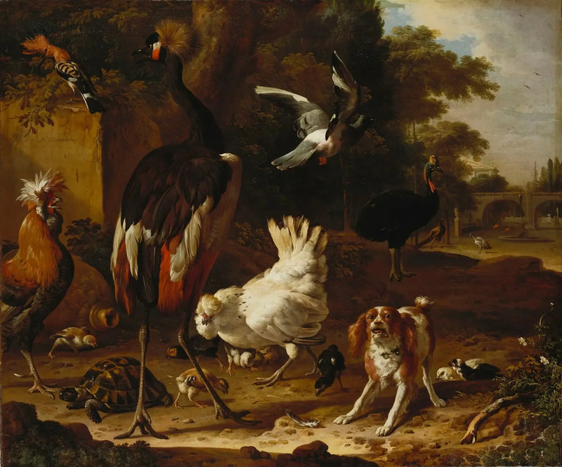Ptaki i spaniele w ogrodzie - Melchior de Hondecoeter