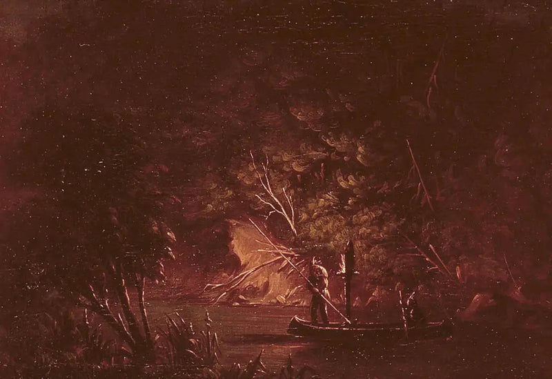 Ojibwe łowiący łososia przy świetle pochodni - George Catlin