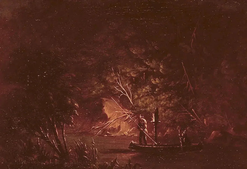 Ojibwe łowiący łososia przy świetle pochodni - George Catlin