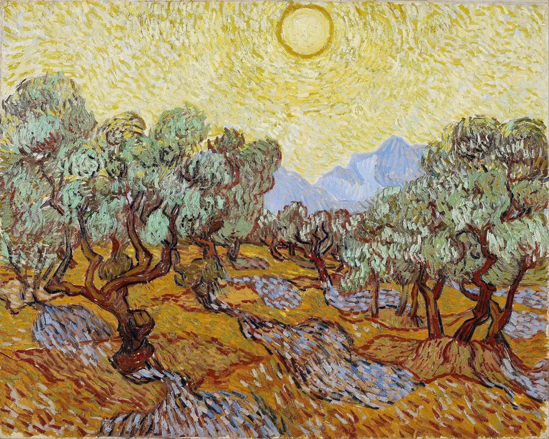 Oliwki z żółtym niebem i słońcem - Vincent van Gogh