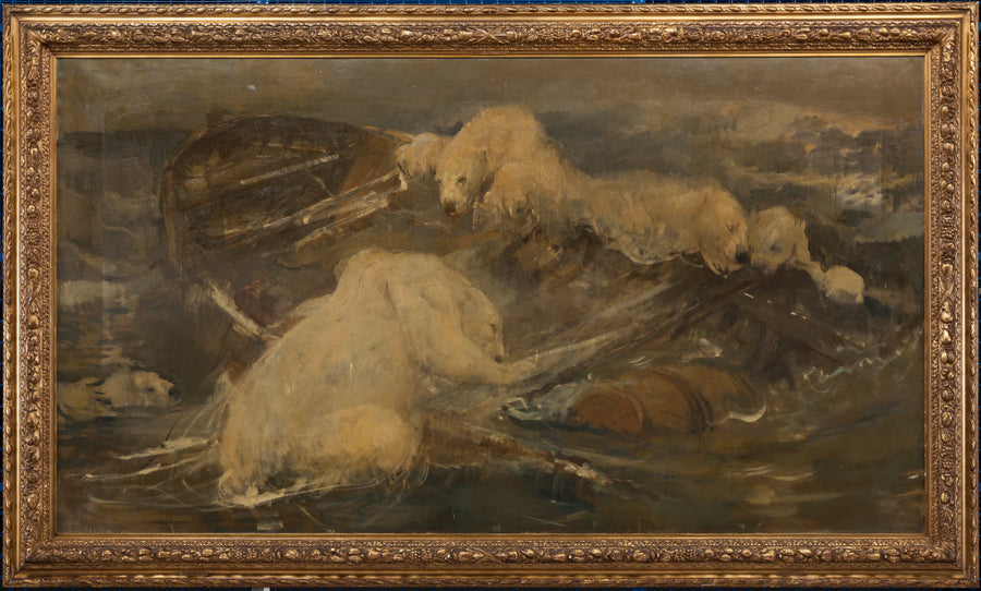 Des ours polaires grimpent sur un bateau flottant - John Macallan Swan