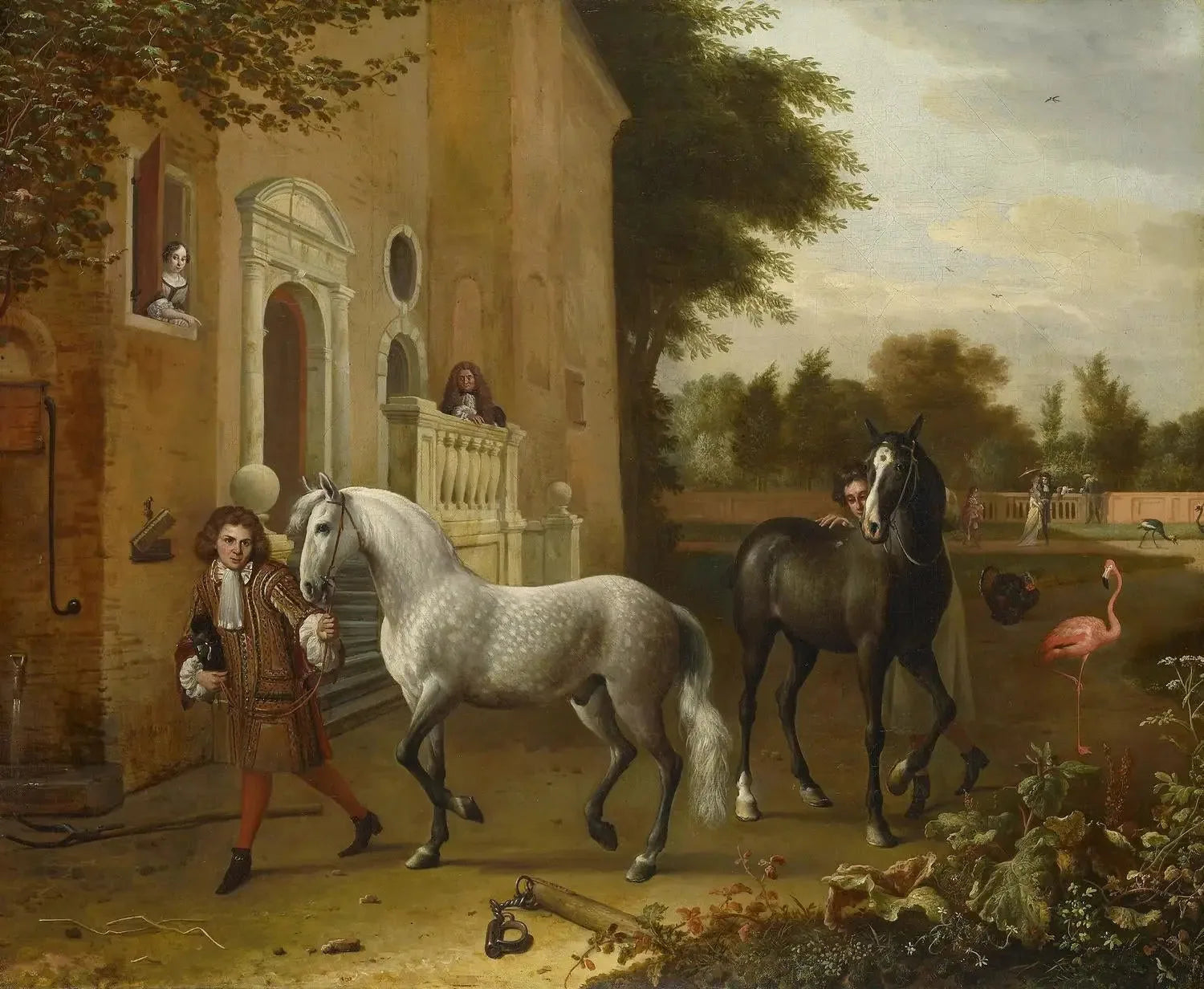 Palefreniers avec chevaux, un gris et un bai foncé, au château de Nijenrode - Melchior de Hondecoeter image 1 reproduction d’œuvre d’art à l’huile