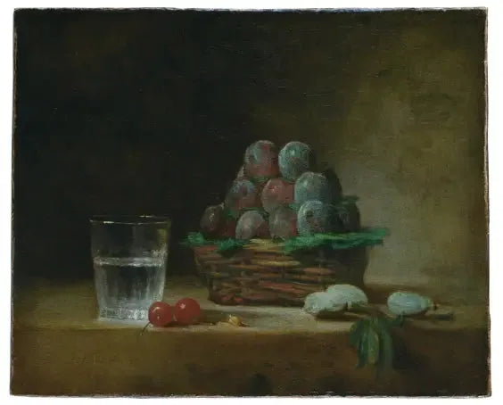 Kosz suszonych śliwek, szklanka wody, wiśnie - Jean Simeón Chardin