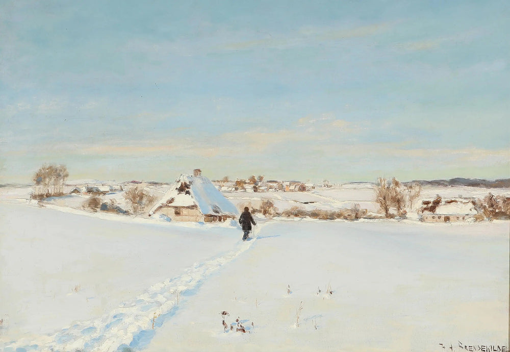 Par une belle journée d'hiver, un homme marche vers une ferme. - H. A. Brendekilde image 1 reproduction artisanale de tableau