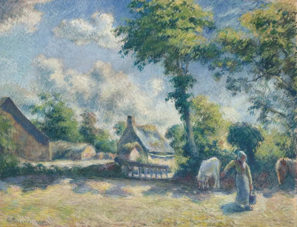 Paysage à Melleray, femme donnant à boire à des chevaux - Camille Pissarro image 1 reproduction de peinture à l’huile