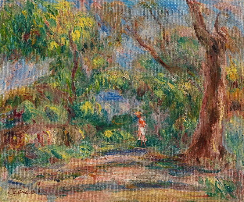 Krajobraz, wiejska aleja z kobietą w czerwonym i białym - Pierre-Auguste Renoir