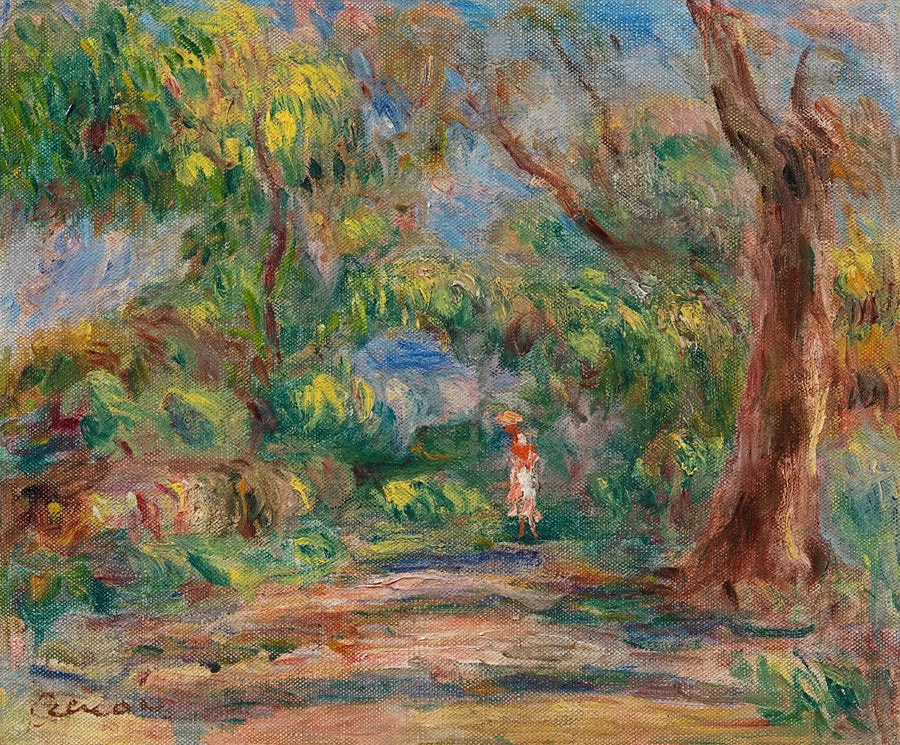 Krajobraz, wiejska aleja z kobietą w czerwonym i białym - Pierre-Auguste Renoir