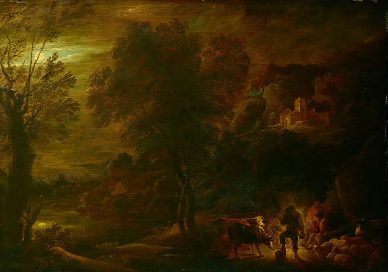 Pejzaż przy świetle księżyca z pasterzami przy ogniu - David Teniers młodszy