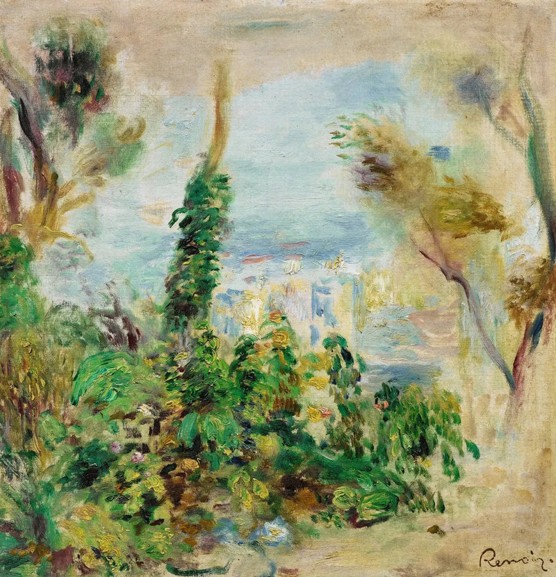 Krajobraz, na pierwszym planie pnące kwiaty, w tle domy - Pierre-Auguste Renoir