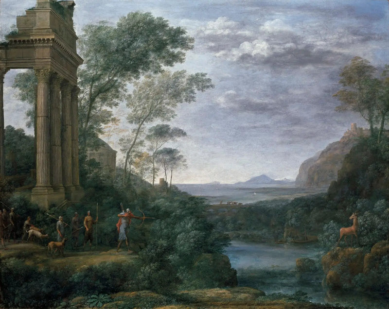 Pejzaż z Ascagne zabijającym jelenia autorstwa Silvia - Claude Lorrain