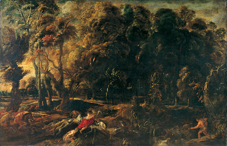 Paysage avec Atalante et Méléagre poursuivant le sanglier de Calydon (Ovide, Métamorphoses, VIII, 229-237) - Jacob Jordaens image 1 reproduction artisanale de tableau