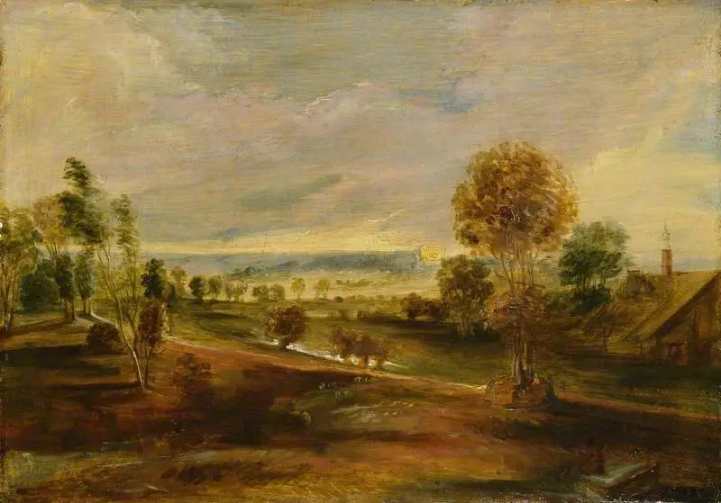 Pejzaż z budynkami rolniczymi o zachodzie słońca - Peter Paul Rubens