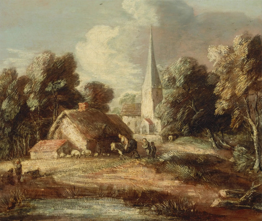 Pejzaż z chatą i kościołem - Thomas Gainsborough