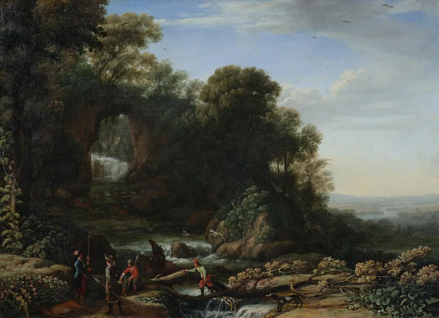 Pejzaż z wodospadem i myśliwymi - Claude Lorrain
