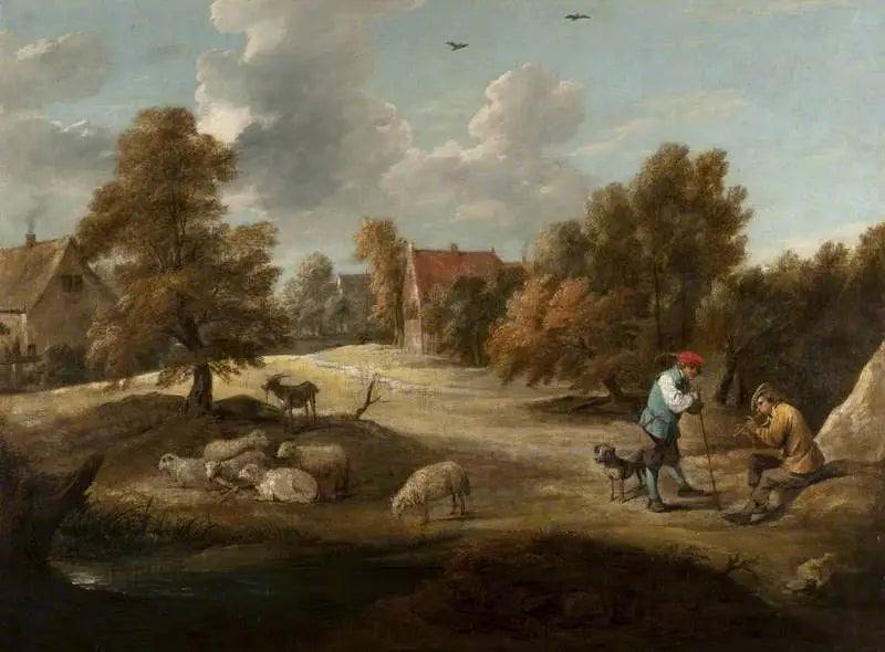 Pejzaż z pasterzami na zewnątrz wioski - David Teniers Młodszy