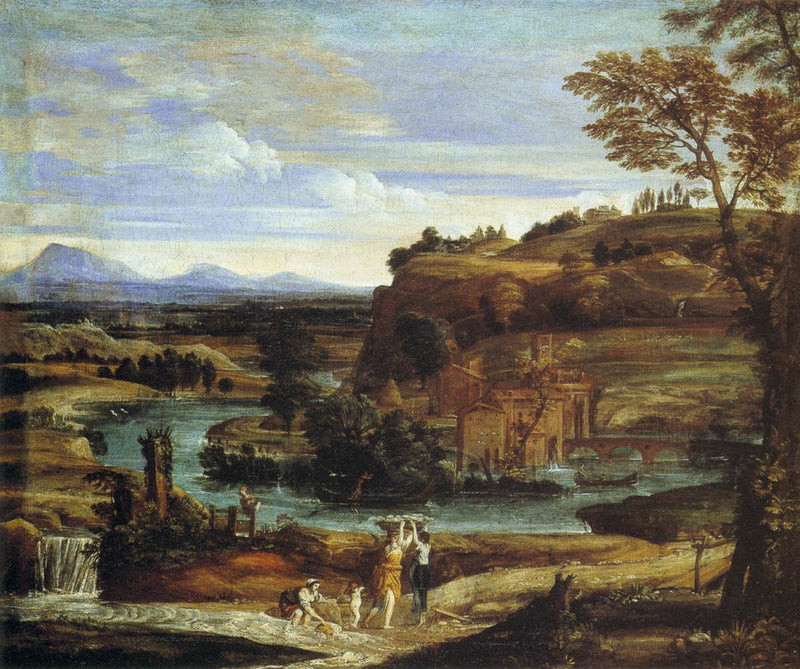 Pejzaż z pralkami i dzieckiem wylewającym wino - Domenichino