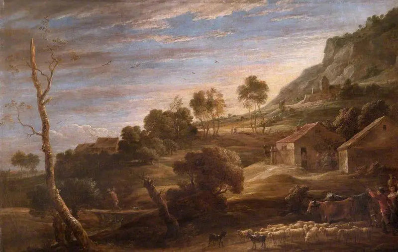 Pejzaż z rolnikami prowadzącymi bydło: Wieczór - David Teniers młodszy