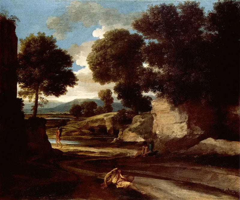 Pejzaż z podróżnikami odpoczywającymi - Nicolas Poussin